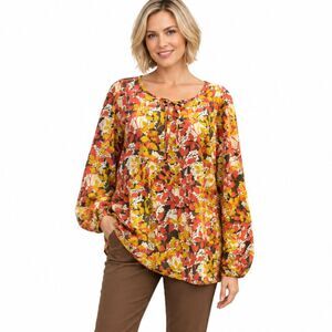 Eddie Bauer Autumn Foilage Floral Peasant Cotton Blouse Tie Neck Long Sleeve M